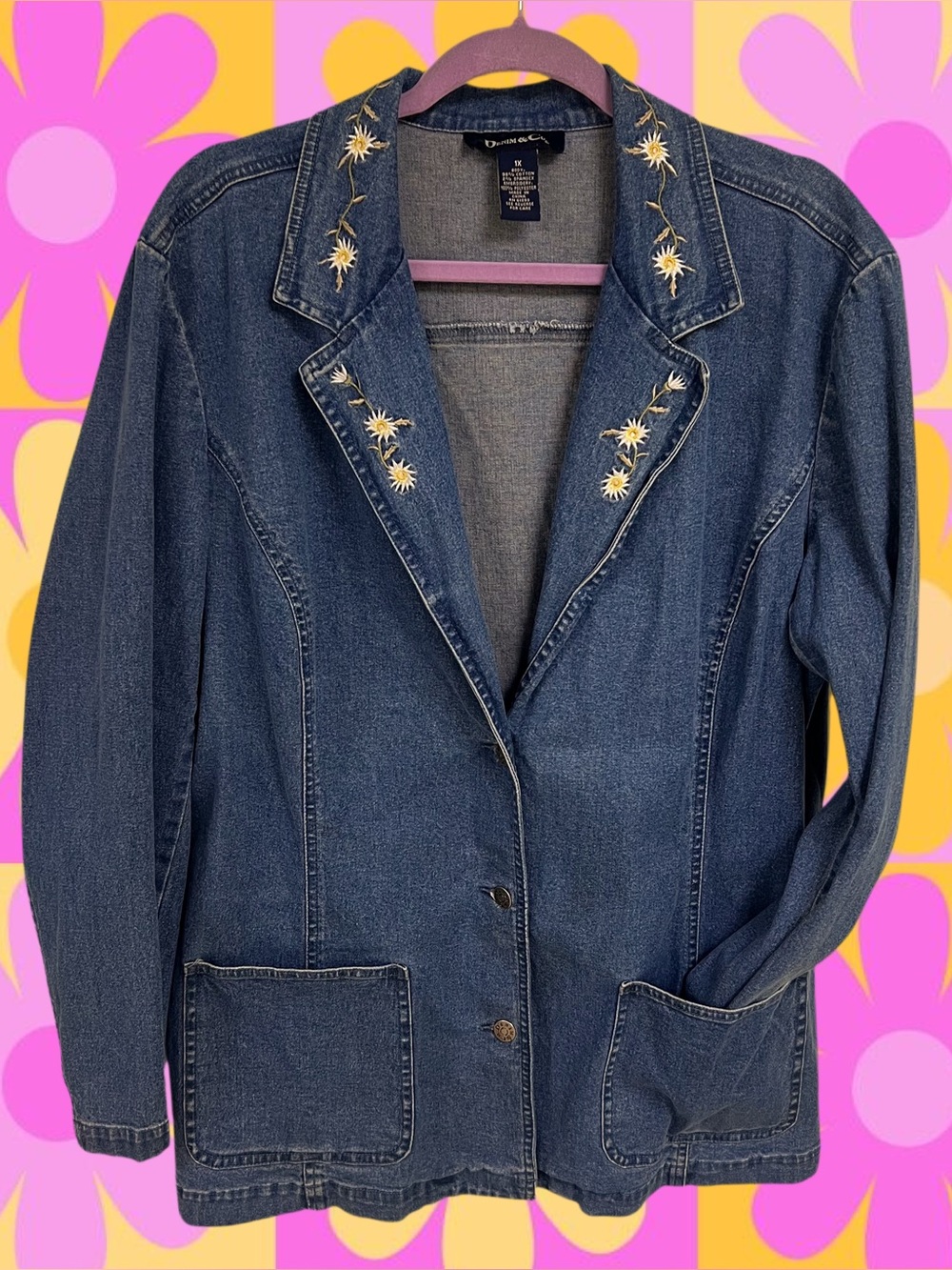 Vintage Denim & Co. embroidered daisy denim blazer jacket